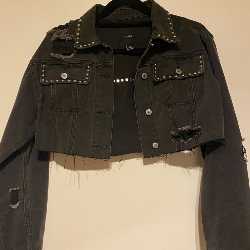 Black cropped ripped and studded jean jacket
